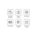 Icons emphasising product features that includes unilateral fastening, added stretchiness, softness and breathability to the fabric, a hook buckle that allows for an adjustable waist.