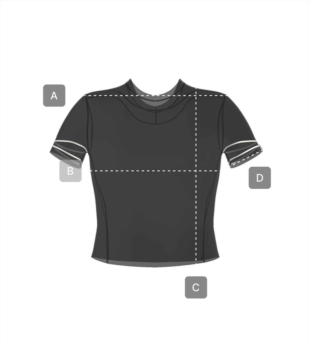 T-shirt laid flat, showing where each measurement is taken