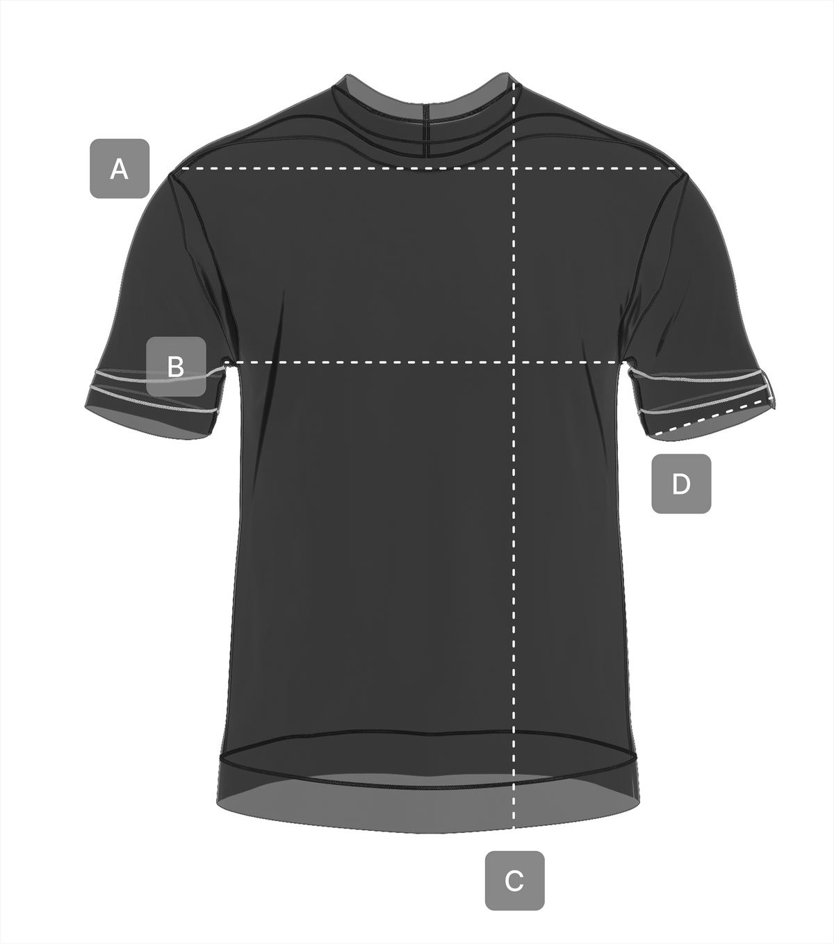 T-shirt laid flat, showing where each measurement is taken