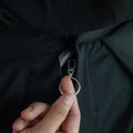 Close up view of Hakama full length pants, with a focus on the ring zipper.